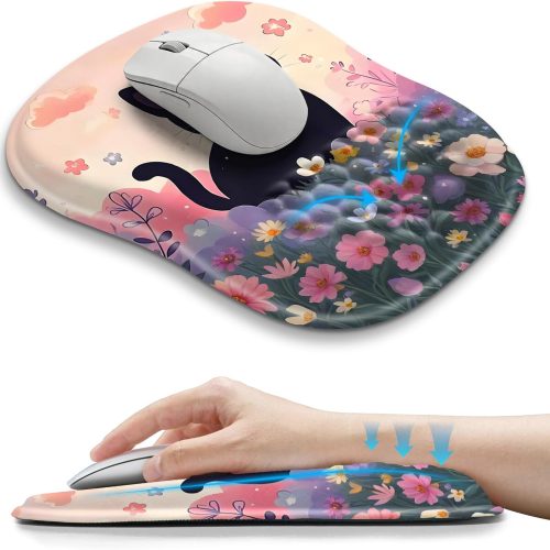 U-Shaped Memory Foam Wrist Rest Mouse Pad Flower Cat 10.2x8.3in