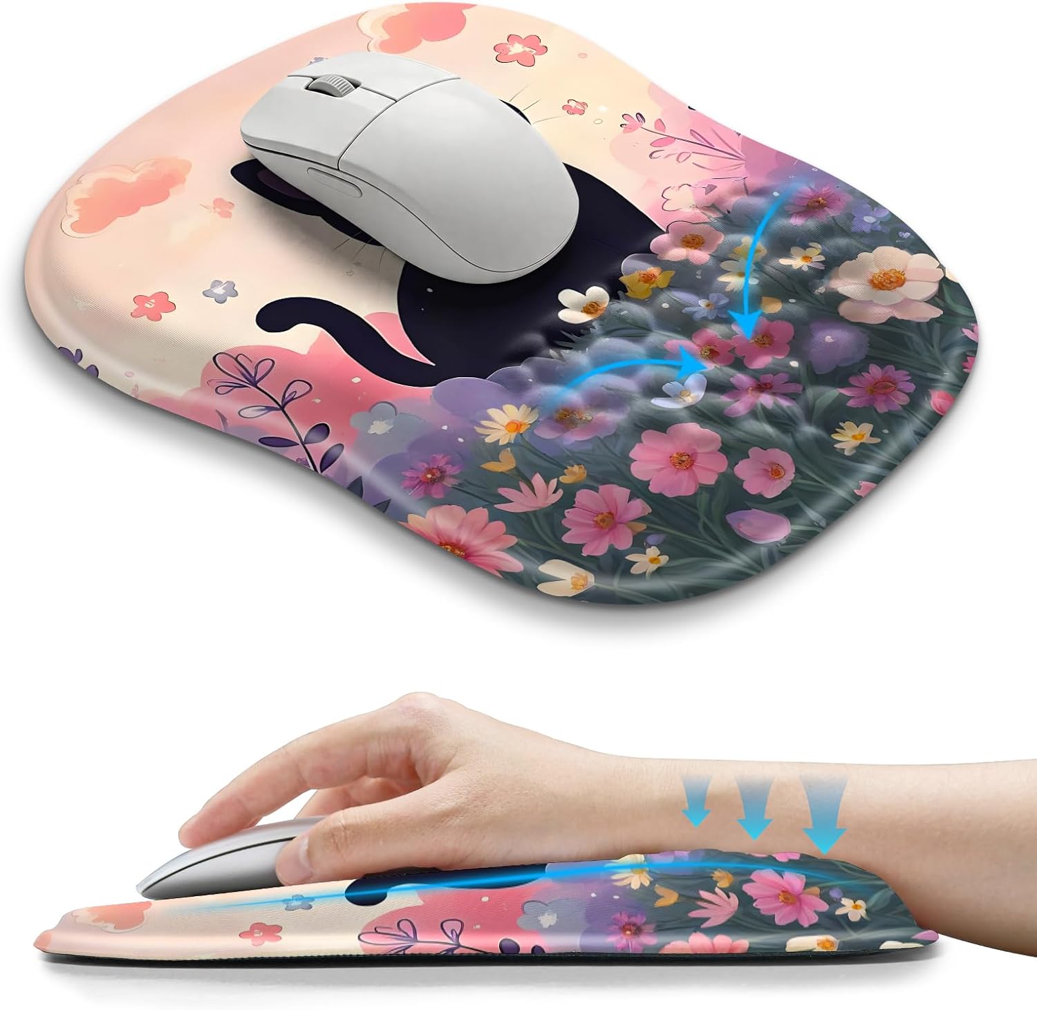 U-Shaped Memory Foam Wrist Rest Mouse Pad Flower Cat 10.2x8.3in