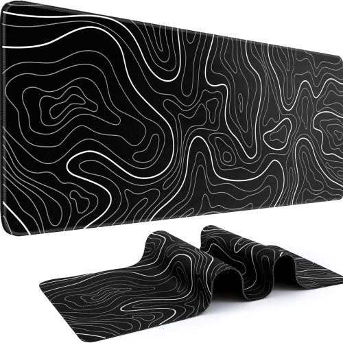 Black and White Topographic Desk Mat 31.5x11.8in Non-Slip
