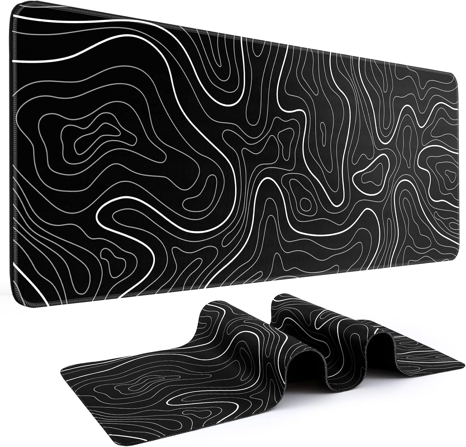 Black and White Topographic Desk Mat 31.5x11.8in Non-Slip