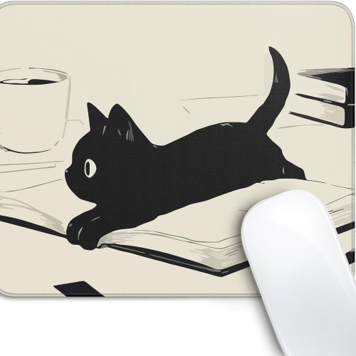 Cute Black Cat Mouse Pad 10x8in Stitched Edge Non-Slip