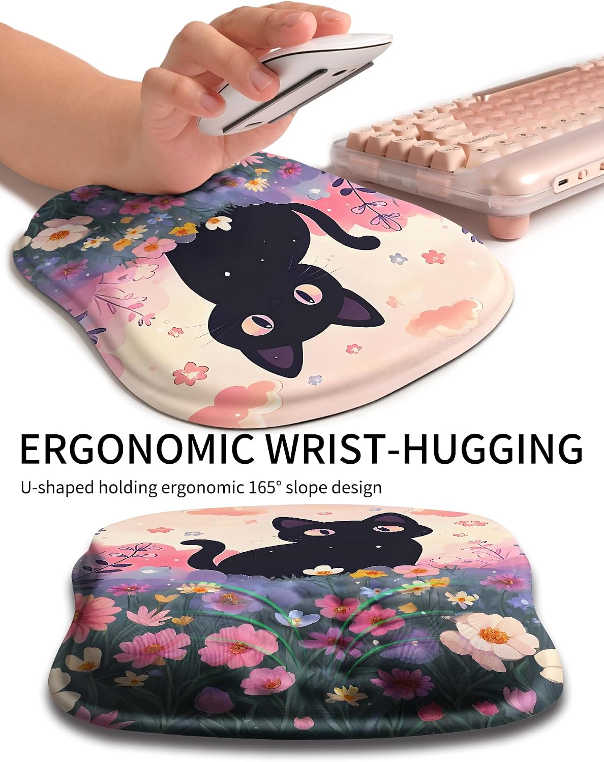 U-Shaped Memory Foam Wrist Rest Mouse Pad Flower Cat 10.2x8.3in - Image 2