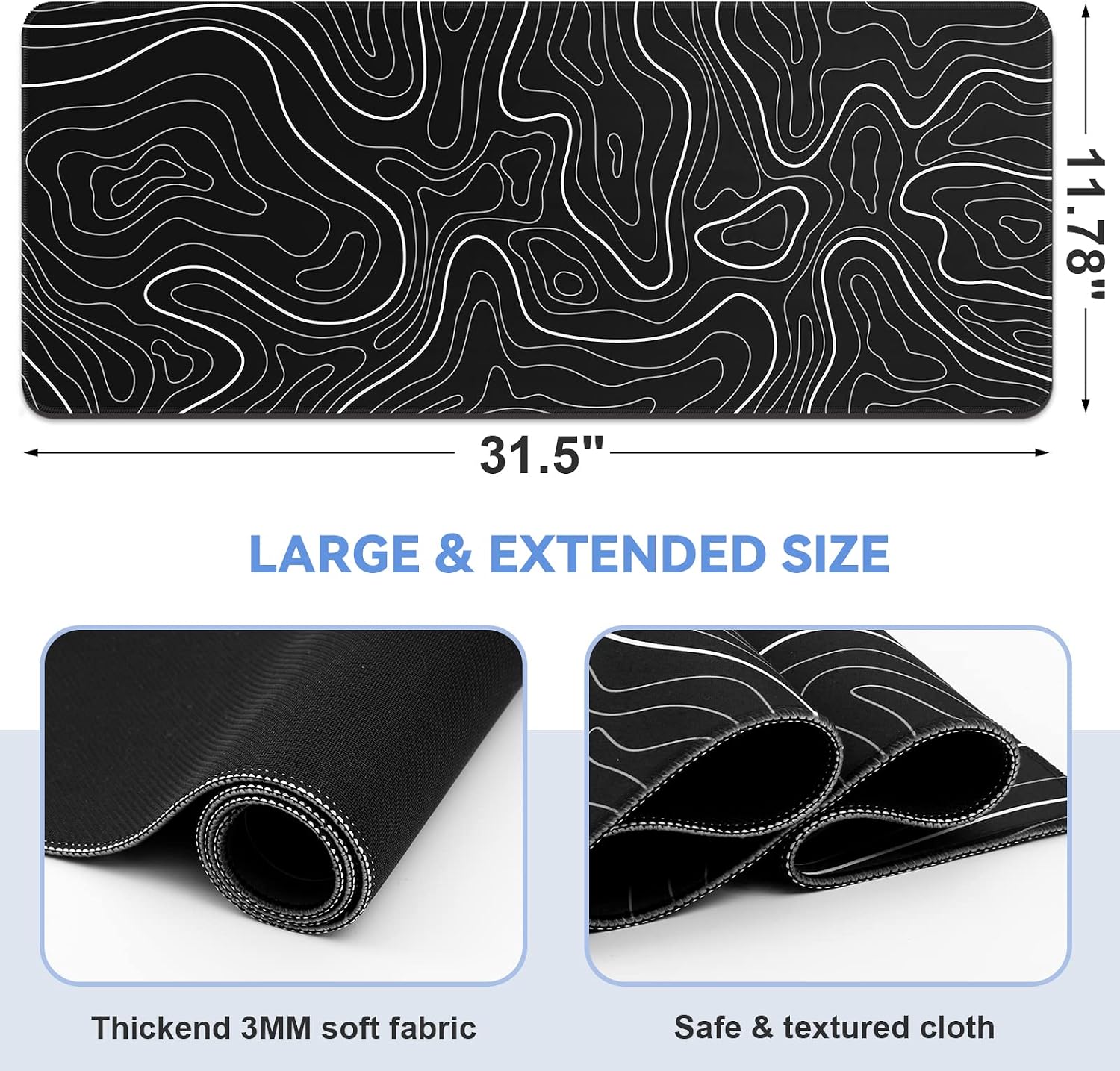 Black and White Topographic Desk Mat 31.5x11.8in Non-Slip - Image 2