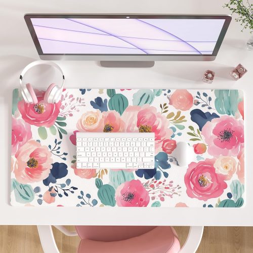 Faux Leather Pink Floral Desk Mat 31.5x15.7in Waterproof