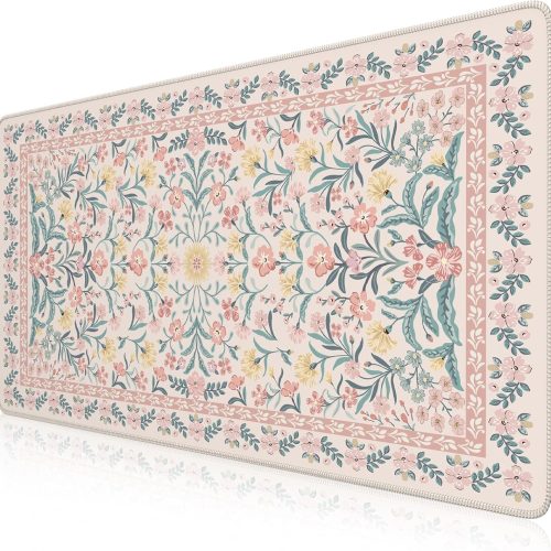 Pink Floral Desk Mat 35.4x15.7in Water-Resistant Non-Slip